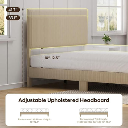 Bestier Queen Size Bed Frame with Headboard LED Lighting,Upholstered,Taupe | Easy Assembly,LED Lighting Headboard,No Squeaks,Vertical Channel Corduroy Upholstered,Wood Slats Support,No Box Spring Needed