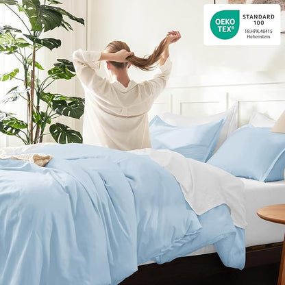 Litanika Comforters Light Blue California King Size, 3 Pieces Cal King Lightweight Solid Bedding Comforter Set, All Season Fluffy Bed Set (104x96In Comforter & 2 Pillowcases)