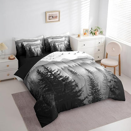 Erosebridal 7 Piece Black Grey King Comforter Set with Sheets Smoky Mountain Forest Bed in A Bag Rustic Woodland Pine Trees Bedding Sets for Kids Boys Adults Men,Nature Landscape Bed Set