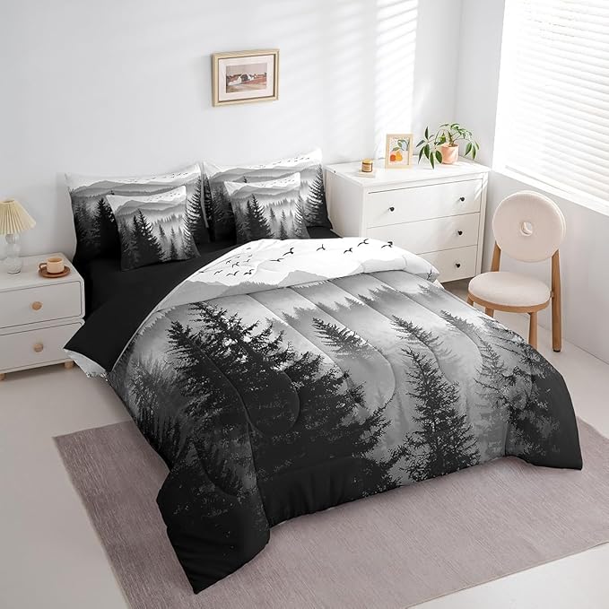 Erosebridal 7 Piece Black Grey Full Comforter Set with Sheets Smoky Mountain Forest Bed in A Bag Rustic Woodland Pine Trees Bedding Sets for Kids Boys Adults Men,Nature Landscape Bed Set