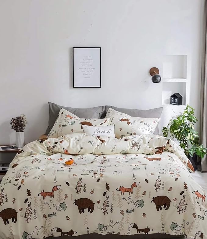 Houseri Beige Bear Comforter Set Queen Teen Girls Woodland Kawaii Fox Rabbit Cartoon Bedding Sets Full Size Boys Animal Patterned Comforter Comfy Soft Forest Theme Dorm Bed Quilt Blanket Full 3 PCS