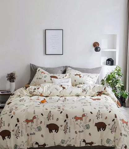 Houseri Beige Bear Comforter Set Queen Teen Girls Woodland Kawaii Fox Rabbit Cartoon Bedding Sets Full Size Boys Animal Patterned Comforter Comfy Soft Forest Theme Dorm Bed Quilt Blanket Full 3 PCS