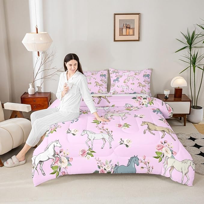 Erosebridal Horse Comforter Set King Rose Bedding Set for Girls Boys Kids Teens Western Cowboy Cowgirls Wild Animal Floral Down Comforter Cute Horses Flower Duvet Insert Lightweight, Pink