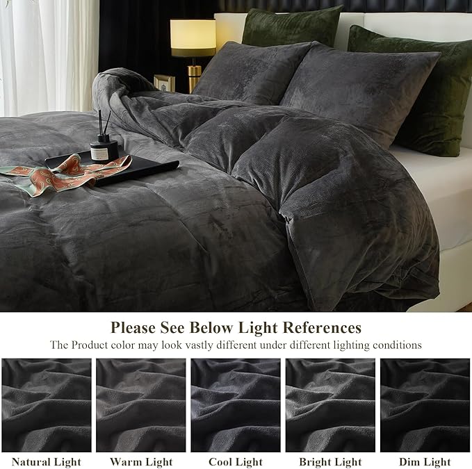 Ivellow Velvet Duvet Cover King Set Charcoal Gray Velvet Duvet Cover King Comforter Cover 3Pcs Ultra Soft Duvet Cover Breathable Solid Luxury Flannel Velour Duvet Cover Zipper Closure Corner Tie