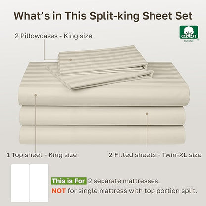 California Design Den Split King Size Sheet Set, 100% Cotton 500 Thread Count Sateen, Deep Pocket Bedding for Adjustable Bed, Twin-XL Fitted Elastic Sheets & Pillowcases - Striped Ivory