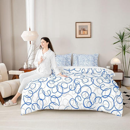 Erosebridal Blue White Geometric 7 Piece Comforter Set Queen Abstract Line Modern Art Bedding Set for Kids Teens Boys Chic Swirls Bed in A Bag Texture Artwork Sheet Set Bedroom Decor