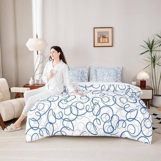 Erosebridal Blue White Geometric 7 Piece Comforter Set King Abstract Line Modern Art Bedding Set for Kids Teens Boys Chic Swirls Bed in A Bag Texture Artwork Sheet Set Bedroom Decor