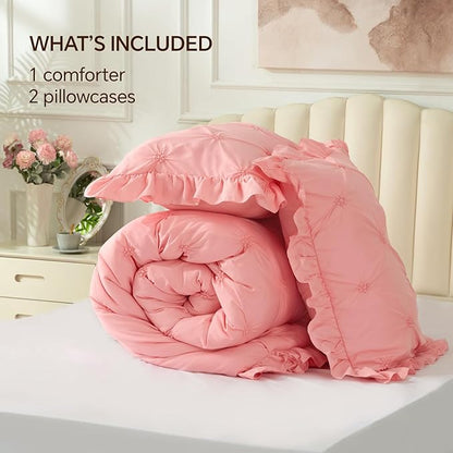 BEDELITE Pink Twin Comforter Set - 2 Peices Boho Ruffle Pintuck Bedding Comforter Sets, Lightweight Soft & Warm Twin Bedding Sets with 1 Pillowcase for All Season