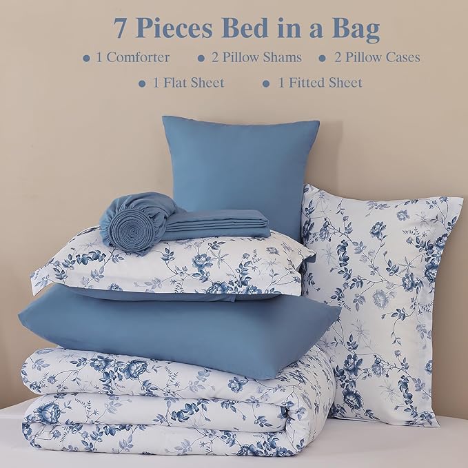 Luxudecor Floral Queen Comforter Set 7 Pieces Bed in a Bag, Blue Rose Romantic Flower Bed Set, Soft Reversible Comforter with Sheet Set 90"x90"