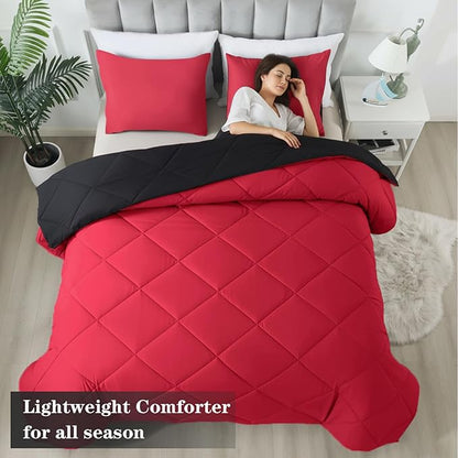 3-Piece Queen Comforter Set,All-Season,Soft & Hypoallergenic &Breathable Bedding,Polyester Quilted,Down Alternative(Comforter*1 & Pillowcases*2),Black/Bright Red