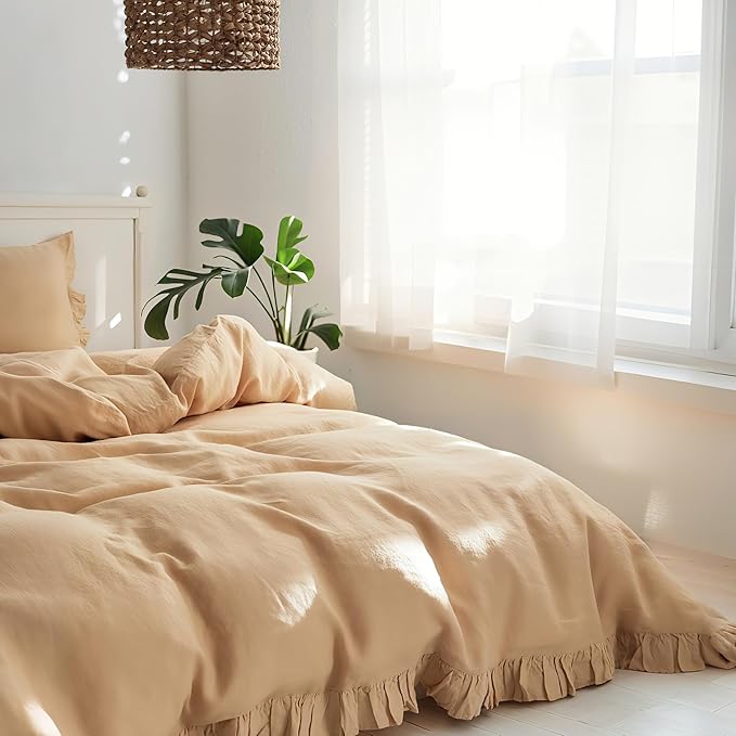 Simple&Opulence 100% Linen Duvet Cover Set, 3 PCS Natural French Flax Sand Ruffle Duvet Cover Full Size, Breathable Comfy Linen Bedding Comforter Cover with 2 Pillowcases (Sand, 78" X 86")