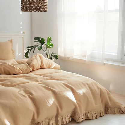 Simple&Opulence 100% Linen Duvet Cover Set, 3 PCS Natural French Flax Sand Ruffle Duvet Cover King Size, Breathable Comfy Linen Bedding Comforter Cover with 2 Pillowcases (Sand, 104" X 92")