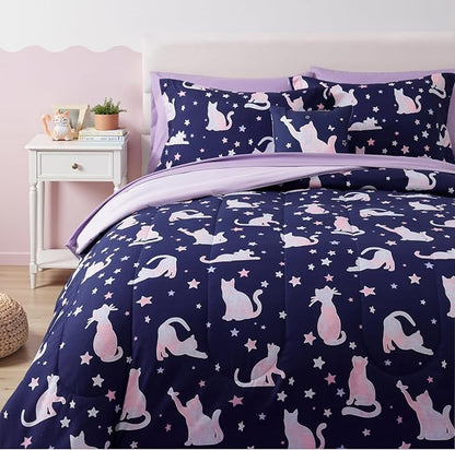 Full Comforter Set for Girls Kids - 7 Pieces Cute Cat Full Size Bedding Sets for Kids, Soft Cozy Bed in A Bag with Sheets