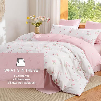 Floral Comforter Set Full Size - 3 Pieces Pink White Floral Tulips Bow Comforter Bedding Sets Reversible Pattern,Full Bed in a Bag with Flowers Comforter and 2 Pillowcases