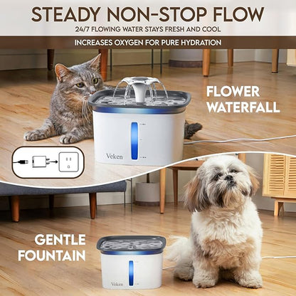 Veken Innovation Award Winner 95oz/2.8L Cat Water Fountain | Automatic Pet Fountain Dog Water Dispenser with 6 Replacement Filters & Silicone Mat for Cats, Dogs, Multiple Pets (Grey)