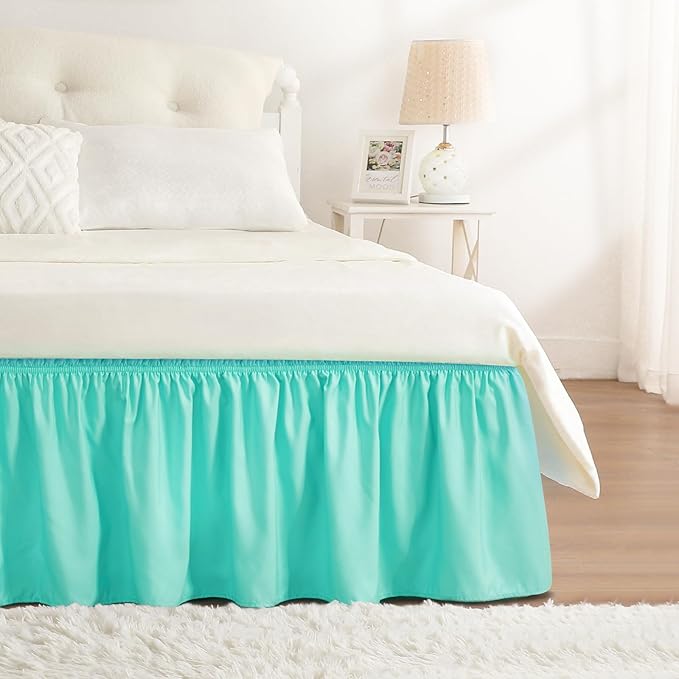 RIMELA Spa Blue Bed Skirt Queen Size 18 Inch Drop, Elastic Bed Skirting for Bed Base and Frame, Bedding Dust Ruffle Easy to Install, Lightweight Wrap Around Adjustable Bedskirt