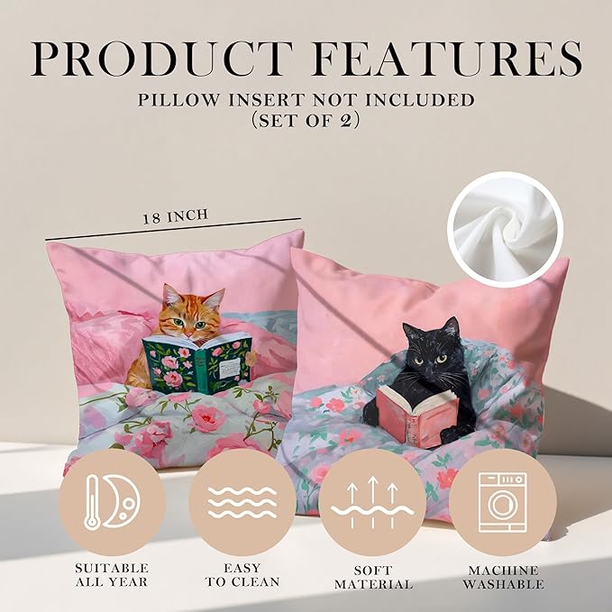 Funny Cat Reader Book Pillow Cover 18 x 18 Set of 2, Reading Nook Corner Decor, Preppy Floral Black Orange Tabby Tuxedo Cats Bookish Pillowcase, Gifts for Book Lovers