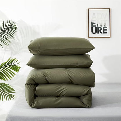 Houseri Army Green Comforter Set Queen Olive Green Bedding Sets Dark Green Comforter Queen Size Teen Boys Solid Green Comforter Queen Men Comfy Soft Dark Color Military Green Dorm Bedding Queen 3 Pcs