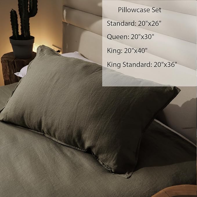 XZ XIFA Olive Green Linen Pillow Case King, 2-Pack, 100% Natural French Flax, Breathable, Durable, Textured Envelope Pillowcases - Linen, 20'' x 40''