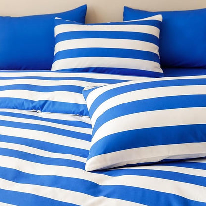 Houseri Blue Striped Comforter Set Full 3 Piece White and Blue Bedding Full Size Lightweight Modern Stripes Bed Set Soft Comfy Quilt Blanket Full
