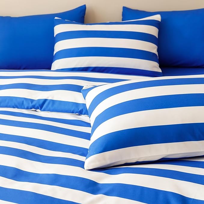 Houseri White and Blue Comforter Set Twin 3 Piece Blue Striped Bedding Twin Size Lightweight Classic Blue Stripes Bed Set Soft Comfy Quilt Blanket Twin