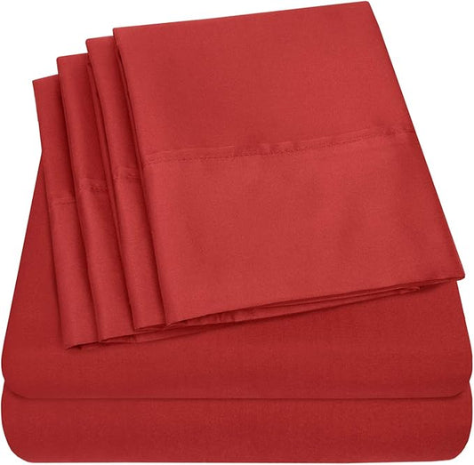 Queen Sheets Red - 6 Piece 1500 Supreme Collection Fine Brushed Microfiber Deep Pocket Queen Sheet Set Bedding - 2 Extra Pillow Cases, Great Value, Queen, Samba Red