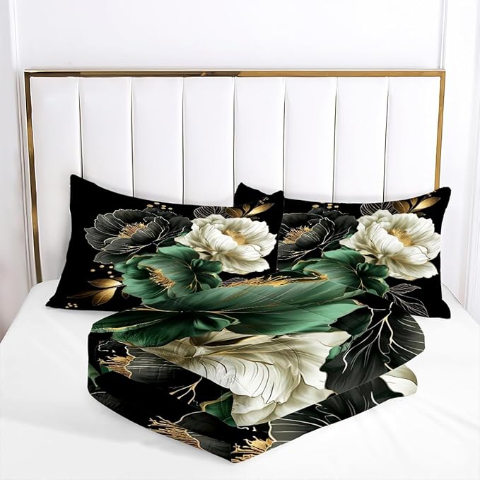 Floral Comforter Set Queen 3Pcs Black and Green Retro Flower Bedding Set Vintage Aesthetic Elegant Botanical Flowers Bedding Ultra Soft Lightweight Comforter Sets for All Season