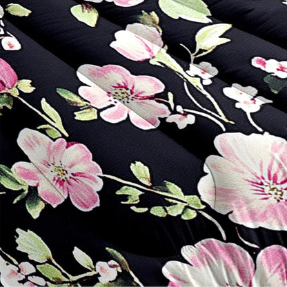 Girls Black Pink 7-Piece Flowers Leaves Comforter Sets, Cottage Bedding Sets Queen Size, Includes 1 Comforter 90"x90", 2 Pillowcases, 1 Fitted Sheet, 1 Flat Sheet, 2 Pillow Shams