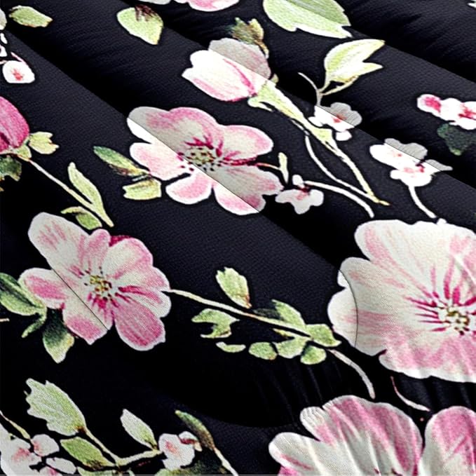 Girls Black Pink Vintage Bedding Sets, 5Pcs Cottage Botanical Flowers Bedding Queen Size for Room Decor, (1 Comforter 90"x90", 2 Pillowcases, 1 Fitted Sheet, 1 Flat Sheet) All Season