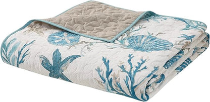 Madison Park Quilt Set Cottage Coastal Design, Starfish Print - All Season, Coverlet Bedspread Lightweight Bedding Layer, Shams, Toss Pillows, King/Cal King(104"x94"), Pebble Beach Aqua 6 Piece