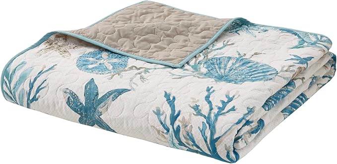 Madison Park Quilt Set Cottage Coastal Design, Starfish Print - All Season Lightweight Coverlet Bedding Layer, Shams, Toss Pillows, Pebble Beach, Aqua, Full/Queen(90 in x 90 in) 6 Piece