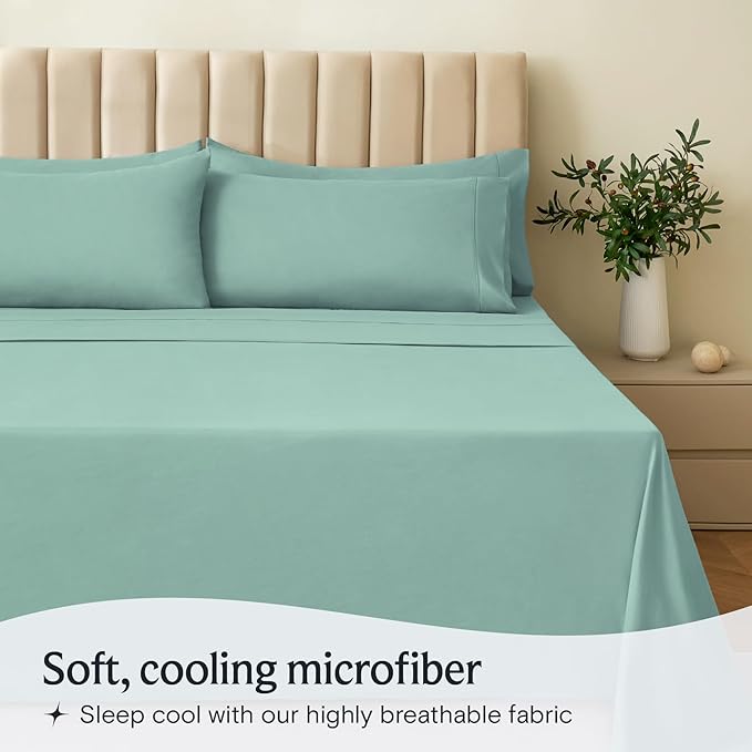 LuxClub 4 PC Queen Sheet Set, Breathable Luxury Bed Sheets, Deep Pockets 18" Wrinkle Free Cooling Sheets Machine Washable Hotel Bedding Silky Soft - Light Teal Queen