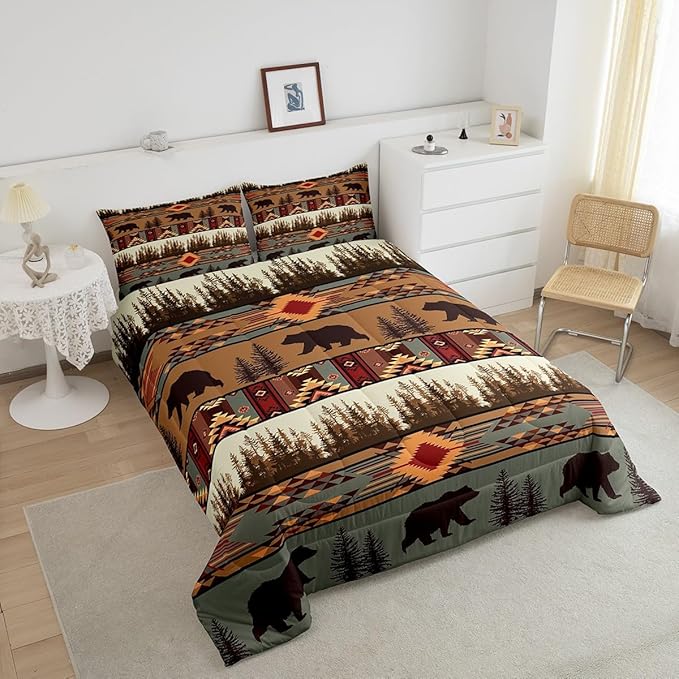 Feelyou Boho Comforter Set Twin Size Bear Comforter for Boys Girls Teens Rustic Bedding Set Cabin Duvet Set Room Decor Olive Brown Quilt Set