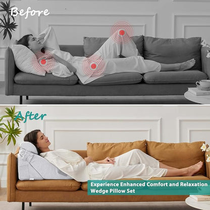 3Pcs Orthopedic Bed Wedge Pillow Set, Foam Wedge Pillow Post Surgery for Back, Leg and Knee Support, Adjustable 9&12 Inch Folding Triangle Pillow for Sleeping, Acid Reflux, Snoring, Light Grey