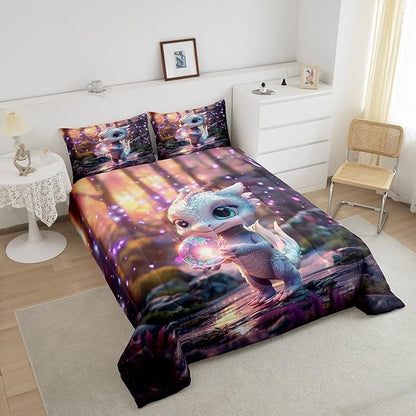 Feelyou Dragon Comforter Set King Size Cute Comforter for Boys Girls Teens Wild Life Bedding Set Dragon Decor Duvet Set Room Decor Pink Purple Quilt Set