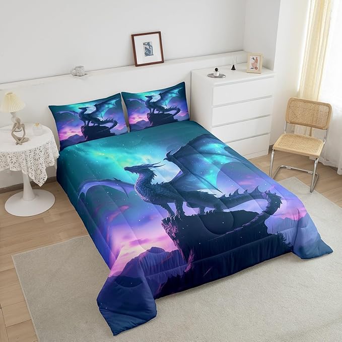 Dragon Comforter Set Queen Size,Blue Purple Nebula Galaxy Bedding Set for Kids Boys Girls Room Decor,Mountain Wildlife Nature Duvet Insert 3Pcs,Western Magical Dragon Soft Quilt Set,2 Pillowcases