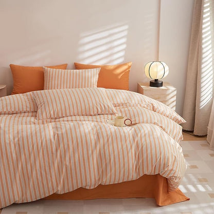 EAVD Vintage Orange Striped Comforter Set King Soft 100% Washed Cotton White and Orange Vertical Striped Bedding Set with 2 Pillowcases Retro Geometric Pattern Comforter Set for All-Season