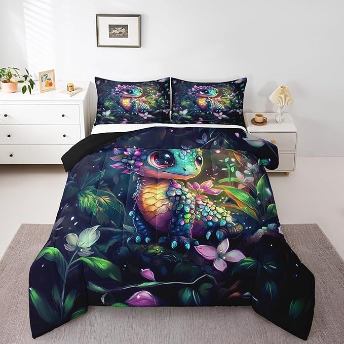Feelyou Dragon Comforter Set King Size Dragon Stuff Comforter for Boys Girls Teens Wild Life Bedding Set Flower and Grass Duvet Set Room Decor Balck Green Quilt Set
