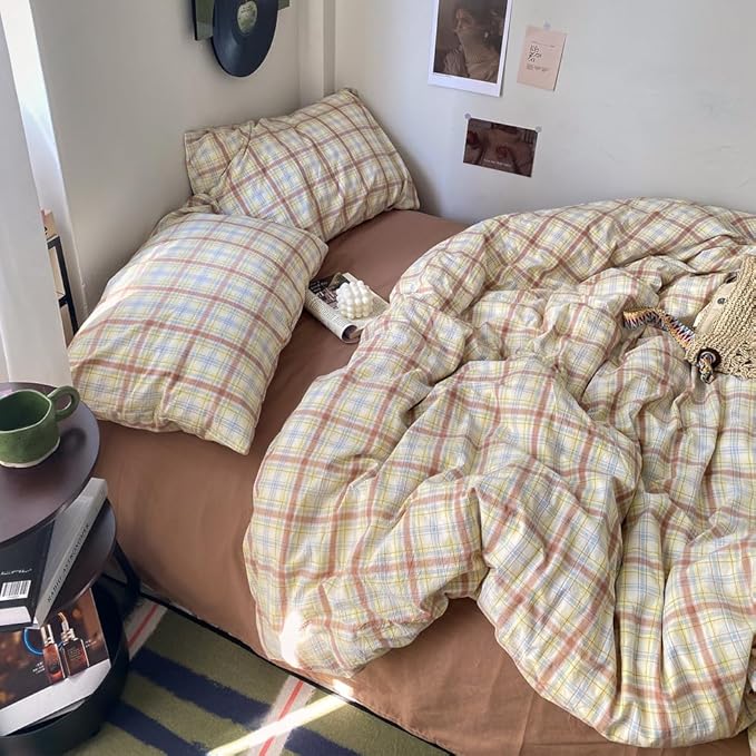 EAVD Vintage Style Buffalo Plaid Duvet Cover Set Twin Soft 100% Washed Cotton Chic Blue&Yellow&Brown Grid Plaid Bedding Set with 2 Pillowcases Farmhouse Gingham Duvet Cover with Zipper