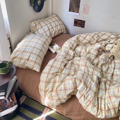 EAVD Vintage Style Buffalo Plaid Duvet Cover King Soft 100% Washed Cotton Chic Blue&Yellow&Brown Grid Checked Plaid Bedding Set with 2 Pillowcases Reversible Gingham Duvet Cover with Zipper
