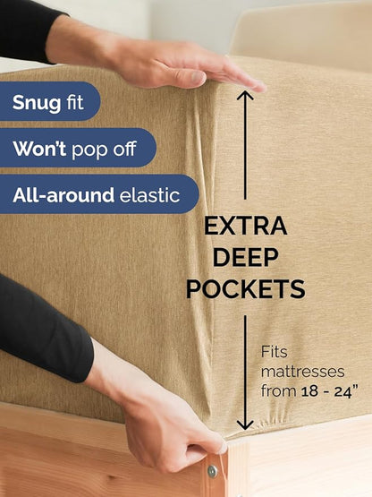 Extra Deep Split King Sheet Set - 7 Piece Breathable and Cooling Sheets - Hotel Luxury Bedding for Women, Men, Kids & Teens - Easy Secure Fit - Soft & Wrinkle Free - Extra Deep Pockets - Heathered Tan
