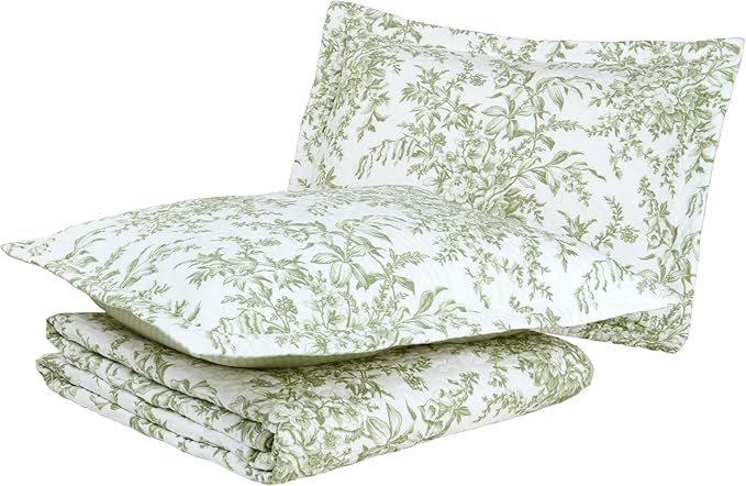 Laura Ashley - Queen Quilt Set, Soft & Reversible Cotton Floral Bedding with a Medium Weight Feel, 3 Piece Bed Set with Matching Pillowcases (Bedford Green/Off-White)