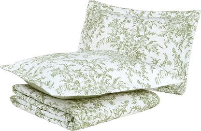 Laura Ashley - Queen Quilt Set, Soft & Reversible Cotton Floral Bedding with a Medium Weight Feel, 3 Piece Bed Set with Matching Pillowcases (Bedford Green/Off-White)