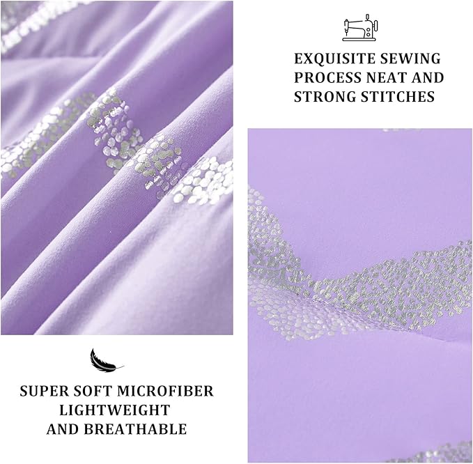 Menghomeus Purple/Silver Comforter Set Queen Size Lavender Metallic Print Glitter Bed Comforter Cute Shinny Bedding for Teen Girls Kids, 4 Piece (2 Pillowcases, 1 Decorative Pillow Sham)
