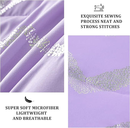 Menghomeus Purple/Silver Comforter Set King Lavender Metallic Print Glitter Bed Comforter Cute Shinny Bedding for Teen Girls Kids Women, 4 Piece (2 Pillowcases, 1 Decorative Pillow Sham)