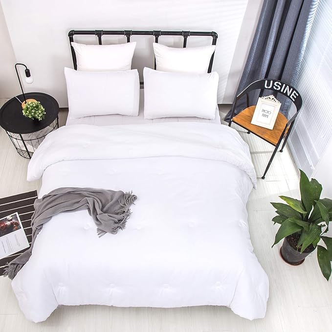 KAREVER White Comforter Set King Bedding Set Women Soft Bed Comforter Set Breathable Blanket Men True White Lightweight Quilts Set King Size
