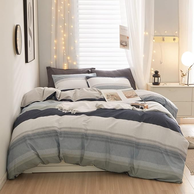 LifeTB 100% Cotton Boy Stripe Duvet Cover Twin White Blue Gray Stripe Comforter Cover Modern Soft Geometric Stripe Bedding Set Simple Style Men Adults Duvet Quilt Cover with 2 Pillowcases