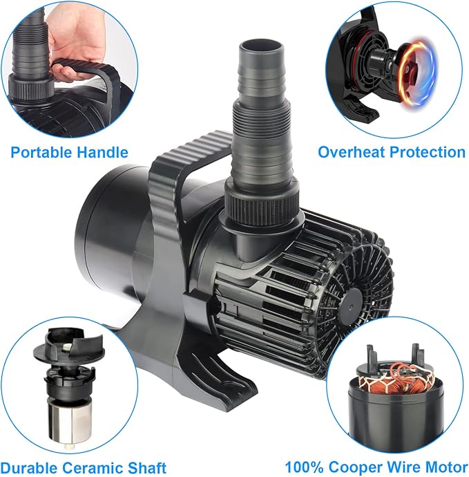 6900 GPH 320W IPX8 Submersible Pond Waterfall Pump | 32.8FT long power cord, smart quiet fountain pump for Koi fish, garden yard patio duck outdoor, with barrier filter bag