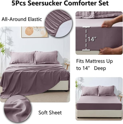 CozyLux Twin Comforter Set with Sheets 5 Pieces, Dusty Purple Seersucker Textured Bed in a Bag, Grayish Purple Luxury Soft Bedding Sets with Down Alternative Comforter, Sheets, Pillowcase & Sham