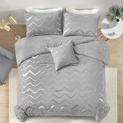Menghomeus Grey and Silver Comforter Set Queen/Full Metallic Print Geometric Bed Comforter 4 Pieces Soft Microfiber Bedding for Teen Kids Boys (2 Pillow Shams + 1 Decorative Pillow Sham)